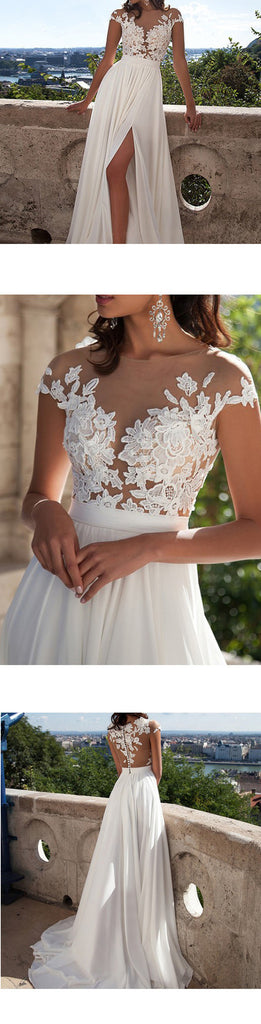 Cap Sleeve White Side Slit Lace Chiffon Long Cheap Prom Dresses, BG51128 - Bubble Gown