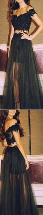 2 Pieces Black Lace Off Shoulder Long Evening Prom Dresses, BG51146 - Bubble Gown