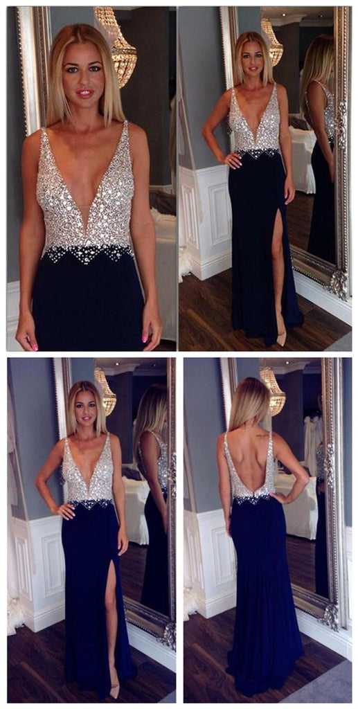 Deep V-Neck Shinning Sexy Side Slit Long Prom Dresses, BG51195 - Bubble Gown