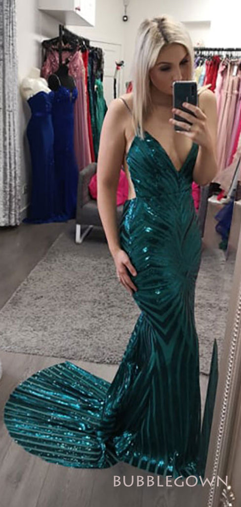 Sexy Backless Mermaid Spakly Spaghetti Straps Long Evening Prom Dresses, Custom Prom Dresses, BGS0005