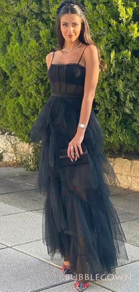 A-line Black Tulle Spaghetti Straps Long Evening Prom Dresses, Custom Prom Dresses, BGS0011