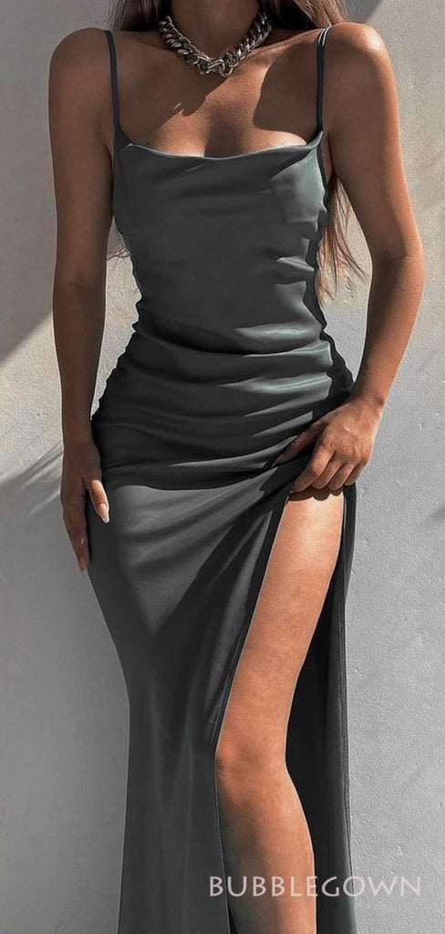 Sheath Grey Satin Spaghetti Straps Long Evening Prom Dresses, Custom High Slit Prom Dresses, BGS0012