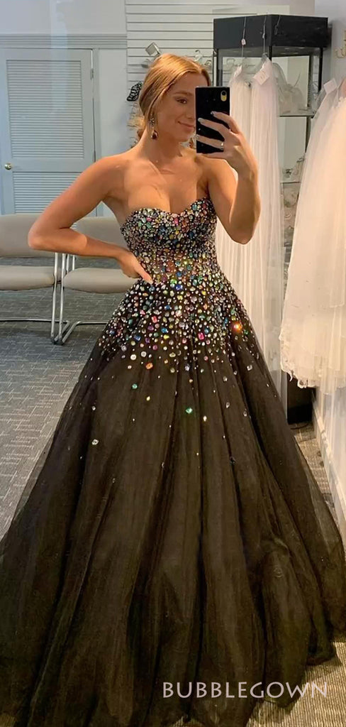 A-line Black Tulle Beaded Long Evening Prom Dresses, Custom Strapless Prom Dresses, BGS0022