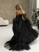 A-line Black Tulle Off Shoulder Long Evening Prom Dresses, Custom High Slit Prom Dresses, BGS0030