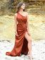 Simple One Shoulder Burnt Orange Satin Long Evening Prom Dresses, Custom High Slit Prom Dresses, BGS0032