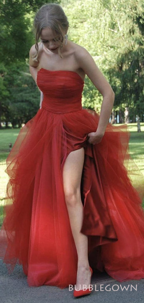 Red Tulle Strapless A-line Long Evening Prom Dresses, Custom Side Slit Prom Dresses, BGS0038