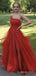 Red Tulle Strapless A-line Long Evening Prom Dresses, Custom Side Slit Prom Dresses, BGS0038