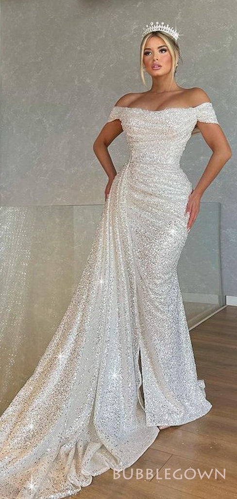 Off Shoulder White Sequins Long Evening Prom Dresses, Custom Side Slit Prom Dresses, BGS0039