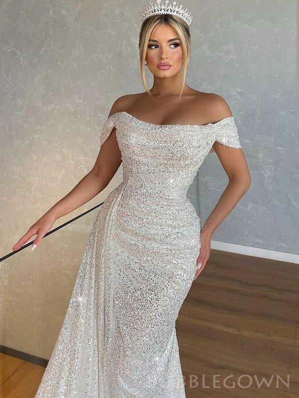 Off Shoulder White Sequins Long Evening Prom Dresses, Custom Side Slit Prom Dresses, BGS0039