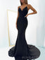 Mermaid Spaghetti Straps Black Long Evening Prom Dresses, Custom Side Slit Prom Dresses, BGS0043