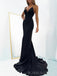 Mermaid Spaghetti Straps Black Long Evening Prom Dresses, Custom Side Slit Prom Dresses, BGS0043