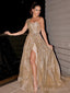A-line One Shoulder Gold Sparkly Long Evening Prom Dresses, Custom Side Slit Prom Dresses, BGS0045