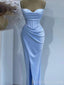 Spaghetti Straps Sky Blue Satin Mermaid Long Evening Prom Dresses, Custom Side Slit Prom Dresses, BGS0049