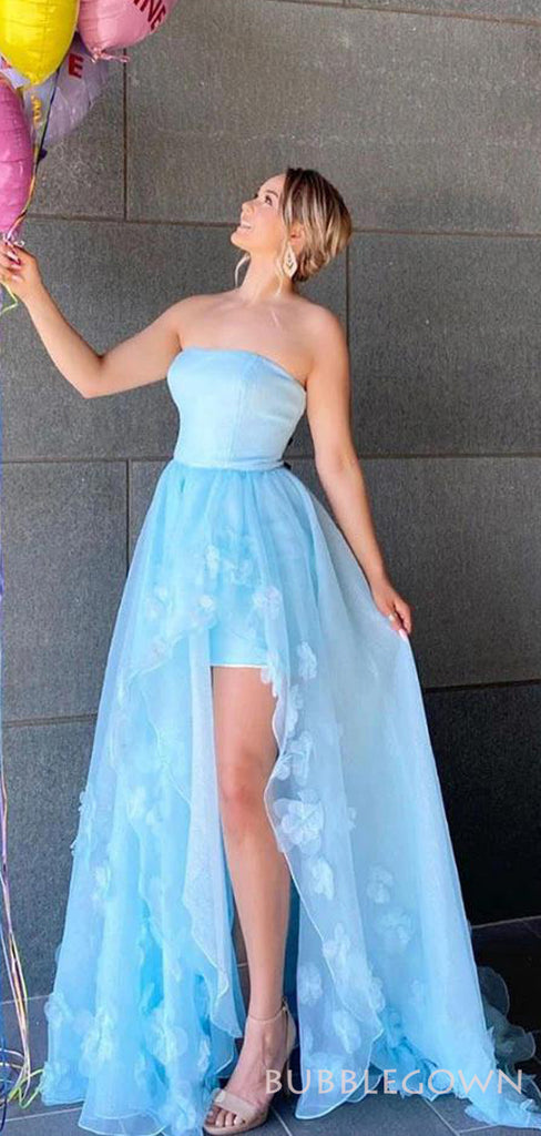 A-line Tulle High Slit Long Evening Prom Dresses, Custom Strapless Prom Dresses, BGS0053