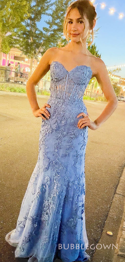 Mermaid Dusty Blue Tulle Appliques Strapless Long Evening Prom Dresses, Custom Prom Dresses, BGS0060