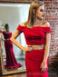 Mermaid Red Satin Two Pieces Long Evening Prom Dresses, Custom Off Shoulder Prom Dress, BGS0064