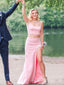 Two Pieces Pink Satin Side Slit Long Evening Prom Dresses, Custom Mermaid Prom Dress, BGS0066