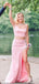Two Pieces Pink Satin Side Slit Long Evening Prom Dresses, Custom Mermaid Prom Dress, BGS0066
