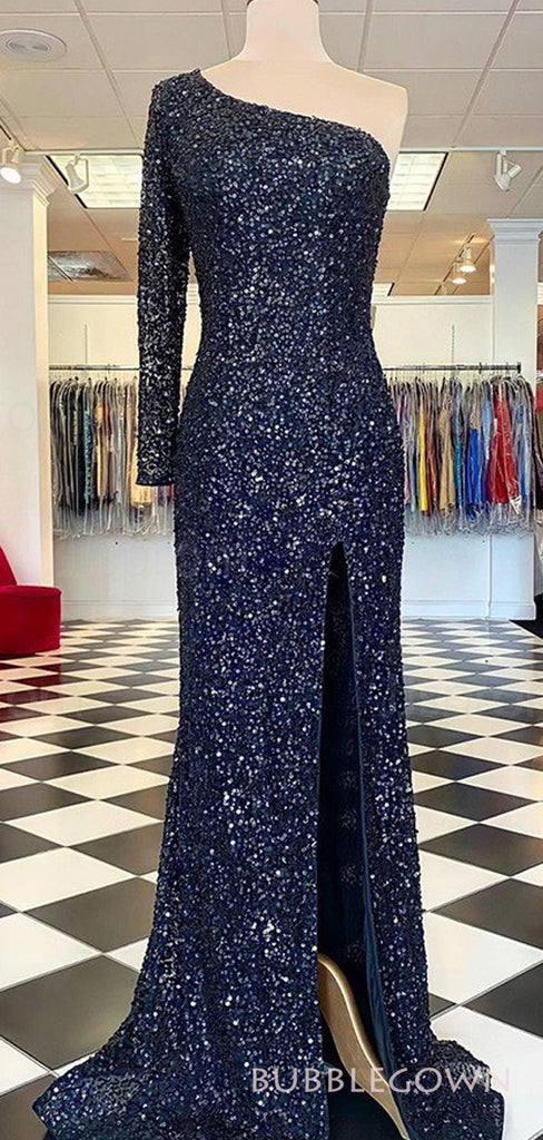 One Shoulder Blue Sequins Long Sleeves Long Evening Prom Dresses, Custom Prom Dress, BGS0067