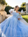 Off Shoulder A-line Blue Tulle Long Evening Prom Dresses, Custom Long Sleeves Prom Dress, BGS0076