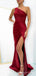 One Shoulder Red Satin Mermaid Long Evening Prom Dresses, Custom High Slit Prom Dress, BGS0077