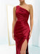 One Shoulder Red Satin Mermaid Long Evening Prom Dresses, Custom High Slit Prom Dress, BGS0077