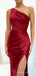 One Shoulder Red Satin Mermaid Long Evening Prom Dresses, Custom High Slit Prom Dress, BGS0077