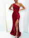 One Shoulder Red Satin Mermaid Long Evening Prom Dresses, Custom High Slit Prom Dress, BGS0077