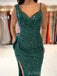 Mermaid Dark Green Sequins Long Evening Prom Dresses, Custom Side Slit Prom Dress, BGS0079