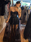 Black Tulle Appliques Strapless Long Evening Prom Dresses, Custom A-line Prom Dress, BGS0087