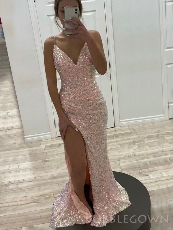 Simple Mermaid Sequins Spaghetti Straps Long Evening Prom Dresses, Custom Side Slit Prom Dress, BGS0089