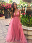 Deep V-neck Tulle A-line Long Evening Prom Dresses, Custom Prom Dress, BGS0090