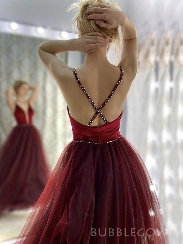 Deep V-neck Burgundy Tulle A-line Long Evening Prom Dresses, Custom Prom Dress, BGS0092