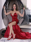 Red Satin Mermaid Strapless Long Evening Prom Dresses, Custom Side Slit Prom Dress, BGS0094