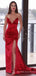 Red Satin Mermaid Strapless Long Evening Prom Dresses, Custom Side Slit Prom Dress, BGS0094