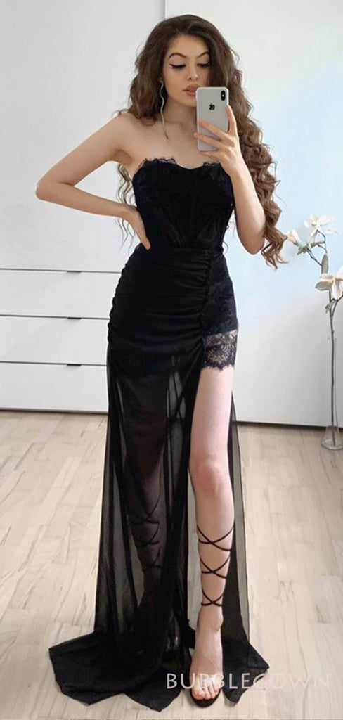 Black Tulle Lace High Slit Long Evening Prom Dresses, Custom Mermaid Prom Dress, BGS0096