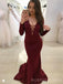 Mermaid Long Sleeves Burgundy Long Evening Prom Dresses, Custom V-neck Prom Dress, BGS0097