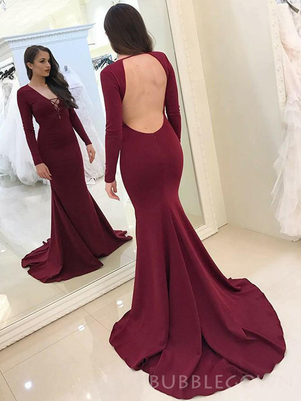 Mermaid Long Sleeves Burgundy Long Evening Prom Dresses, Custom V-neck Prom Dress, BGS0097