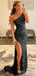 Black Sequins One Shoulder Mermaid Long Evening Prom Dresses, Custom Side Slit Prom Dress, BGS0104