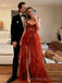 A-line Tulle High Slit Long Evening Prom Dresses, Custom Strapless Prom Dress, BGS0106