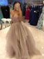 Spaghetti Straps A-line Tulle Sparkly Long Evening Prom Dresses, Custom V-neck Prom Dress, BGS0111