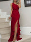 One Shoulder Red Mermaid Long Evening Prom Dresses, Custom Side Slit Prom Dress, BGS0117