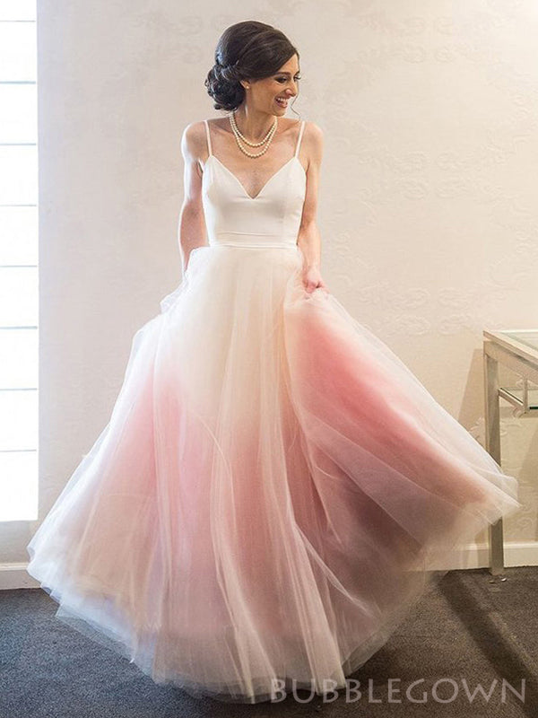 A-line Pink Tulle V-neck Long Evening Prom Dresses, Custom Spaghetti Straps Prom Dress, BGS0120