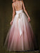 A-line Pink Tulle V-neck Long Evening Prom Dresses, Custom Spaghetti Straps Prom Dress, BGS0120