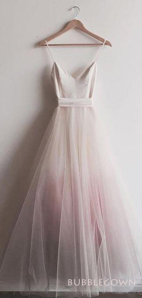 A-line Pink Tulle V-neck Long Evening Prom Dresses, Custom Spaghetti Straps Prom Dress, BGS0120