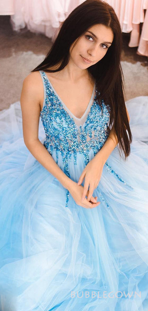 A-lin Blue Tulle Beaded V-neck Long Evening Prom Dresses, Custom Prom Dress, BGS0121