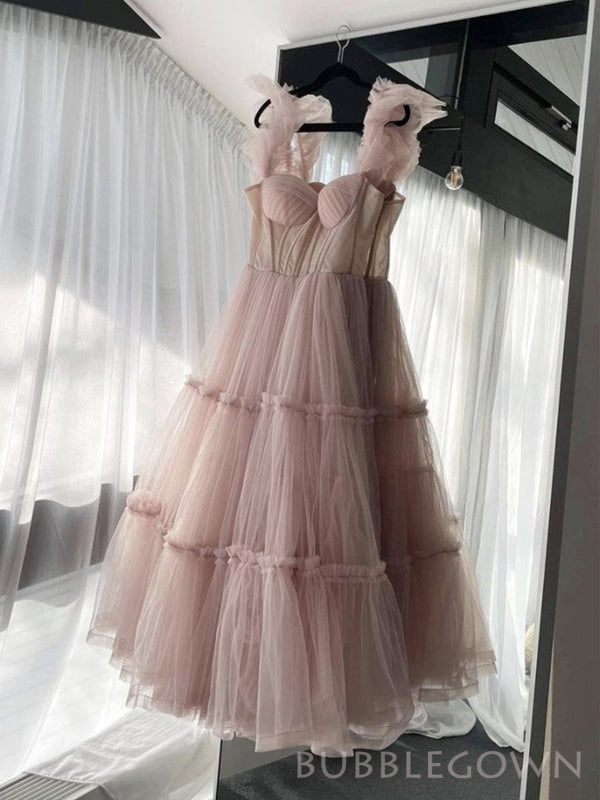 A-line Pink Tulle Long Evening Prom Dresses, Custom Spaghetti Straps Prom Dress, BGS0142