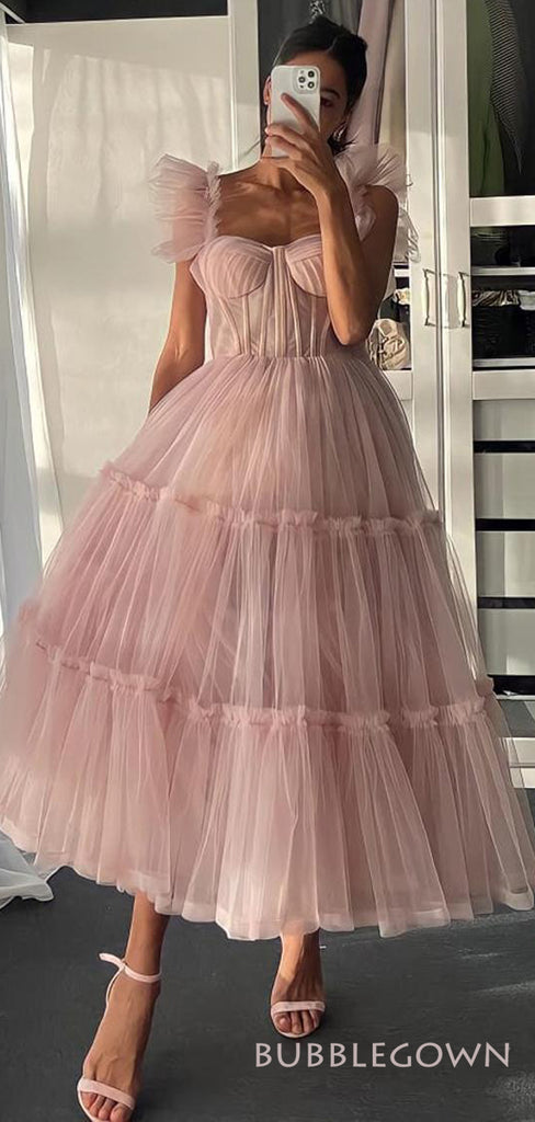 A-line Pink Tulle Long Evening Prom Dresses, Custom Spaghetti Straps Prom Dress, BGS0142