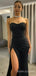 Simple Mermaid Black Satin Strapless Long Evening Prom Dresses, Custom Side Slit Prom Dress, BGS0146