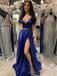 Two Pieces Royal Blue Satin A-line Long Evening Prom Dresses, Custom Prom Dress, BGS0147